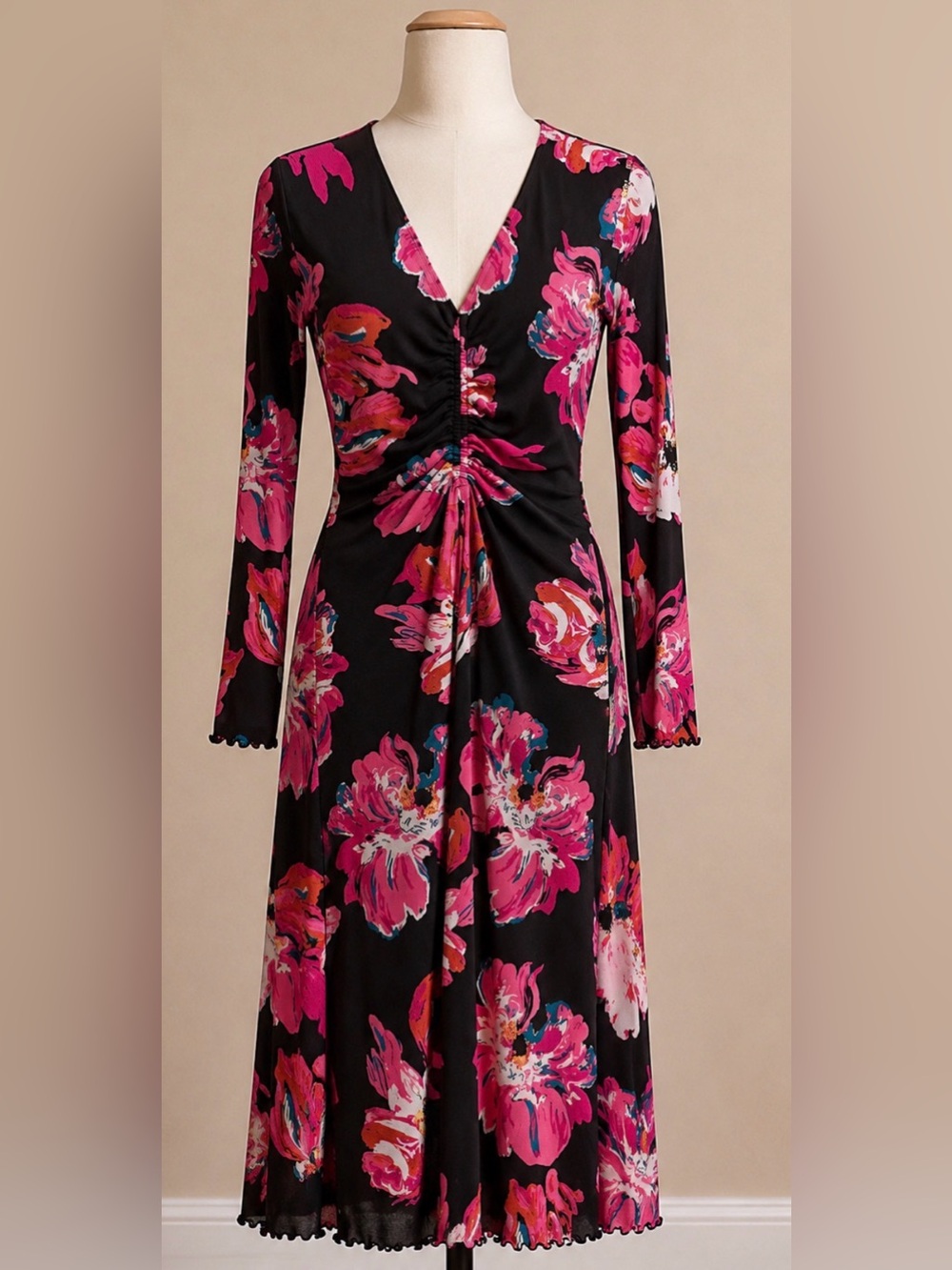 Diane von Furstenberg XS Floral Rushed Mesh Pink and Black Stretch Midi Dress